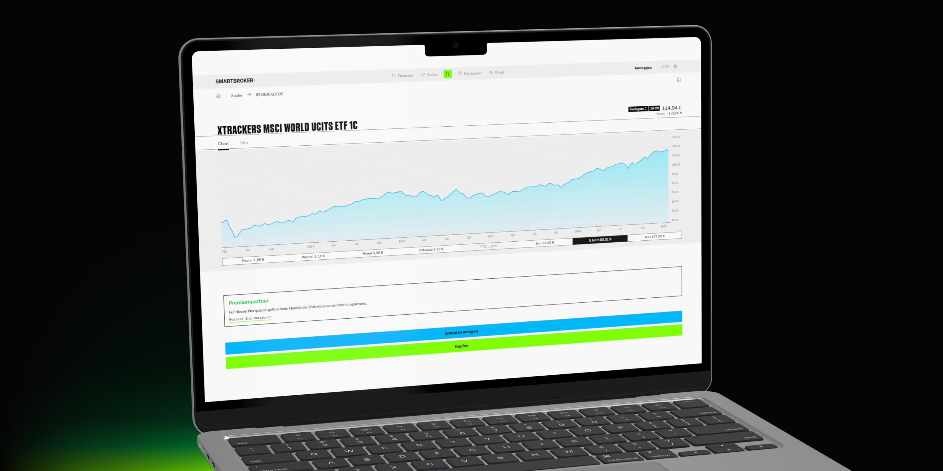 ein Laptop, auf dem der Chart des Xtrackers MSCI World ETF zu sehen ist