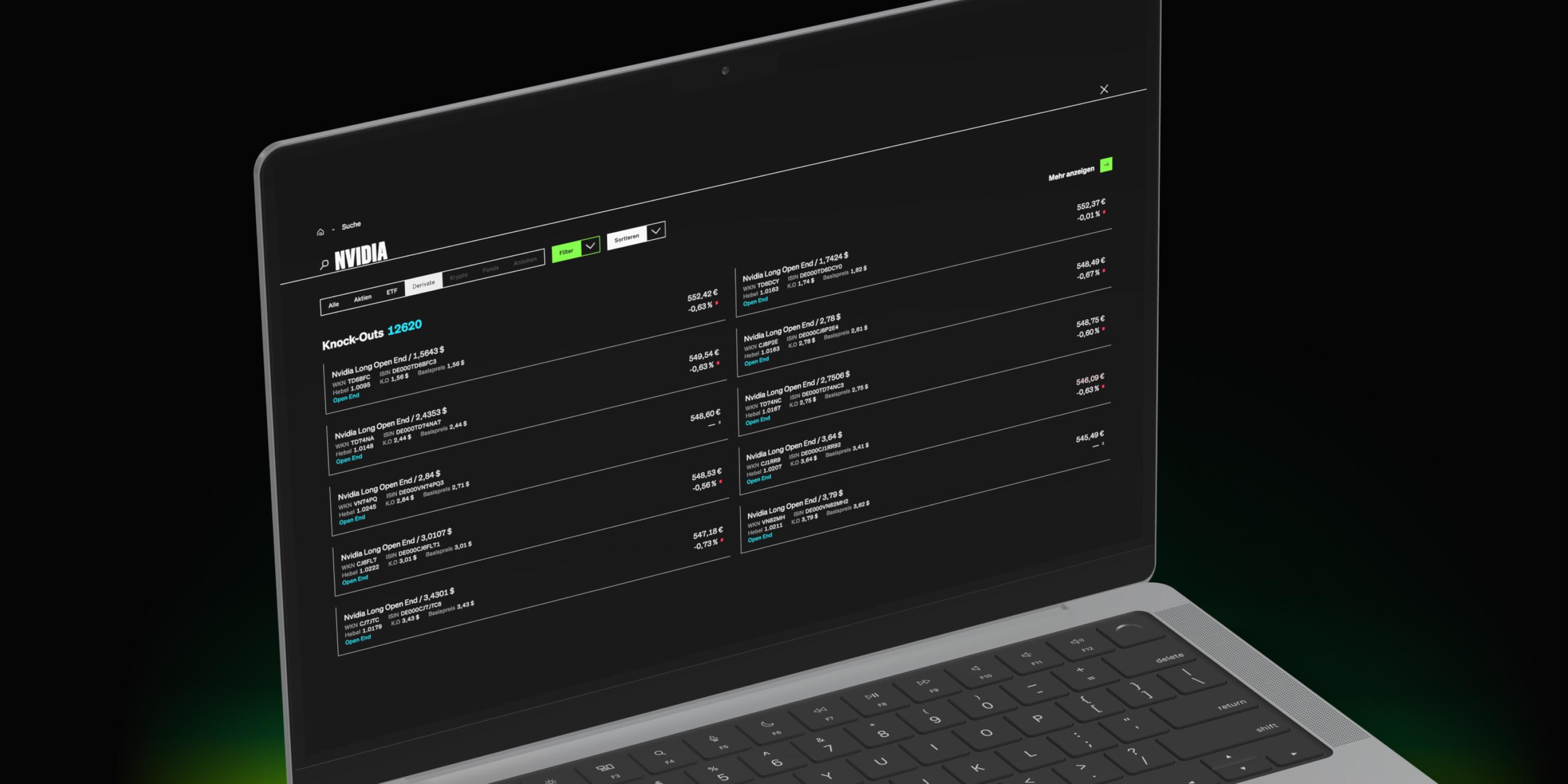 Ein Laptop, auf dem eine Übersicht von Derivaten zur NVIDIA-Aktie zu sehen sind.