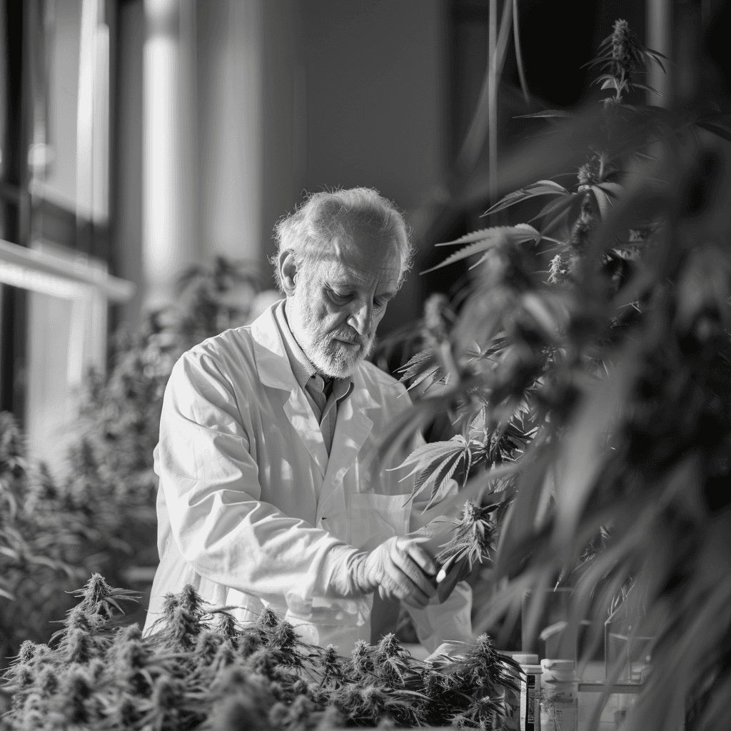 Ein alter Mann steht inmitten von Cannabis-Pflanzen
