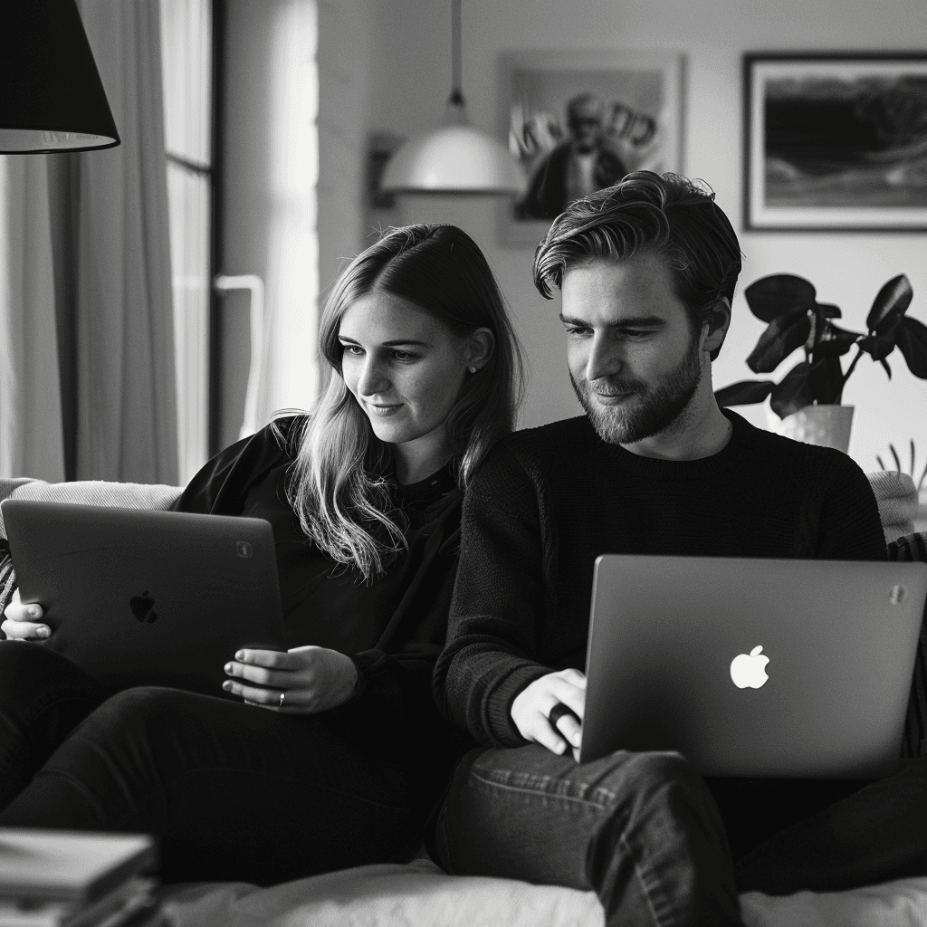Zwei Menschen sitzen zusammen und schauen auf ein Tablet