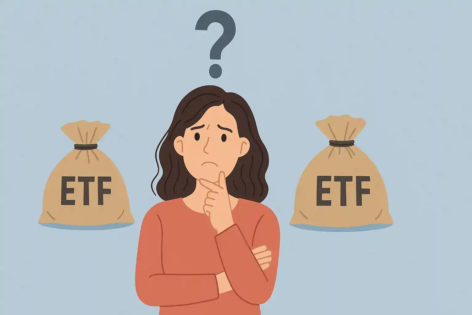 eine Frau mit einem Fragezeichen über dem Kopf, links und rechts von ihr ein Säckchen mit der Aufschrift ETF