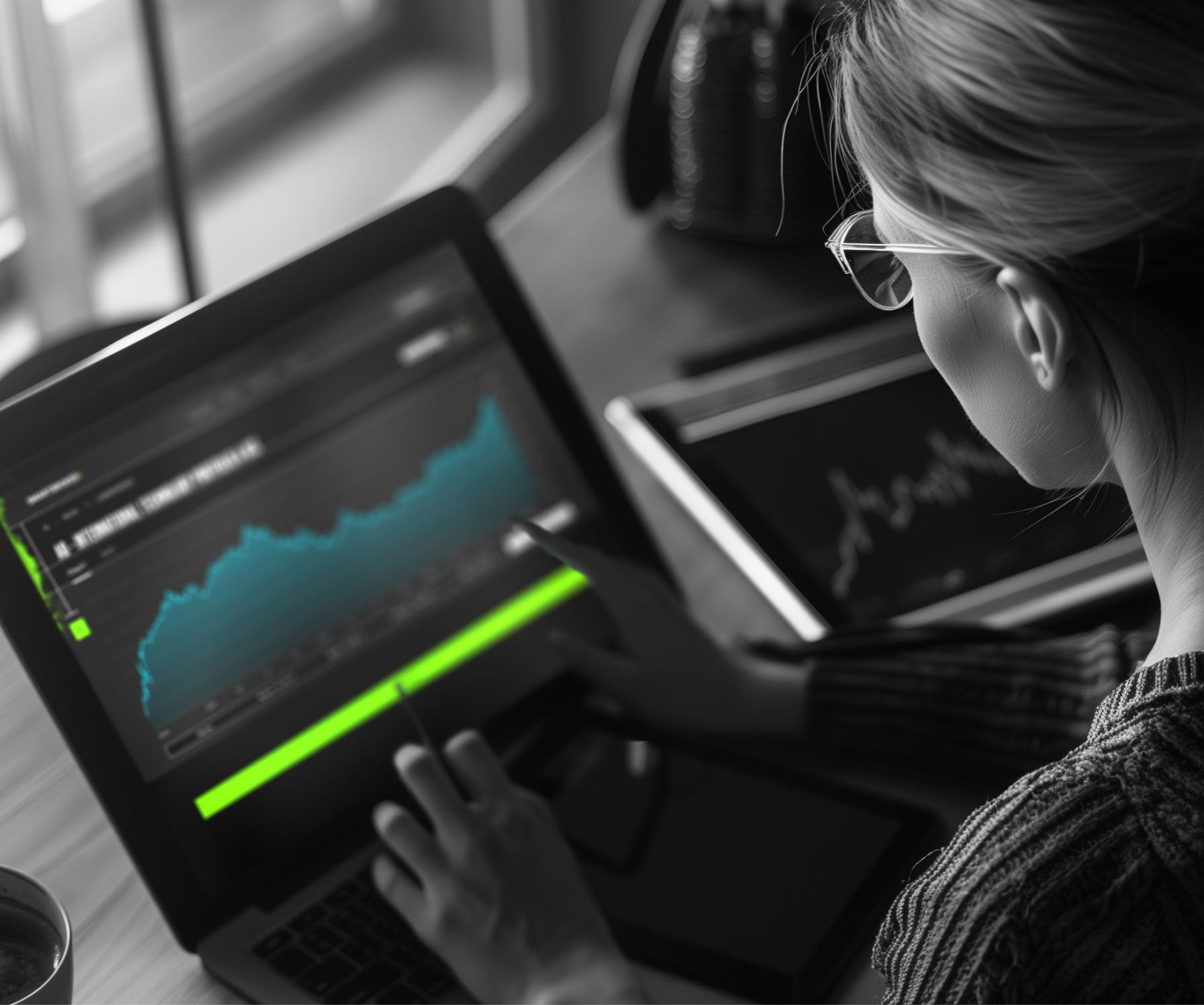 Eine Frau blickt auf ein Tablet mit dem Chartverlauf eines Wertpapiers in der SMARTBROKER+ App