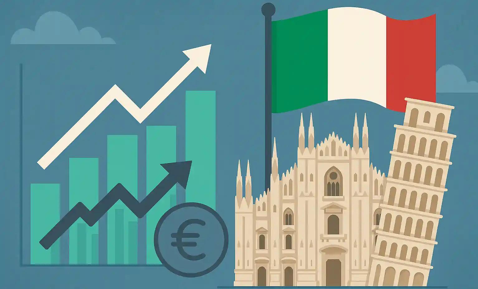 Grafik mit dem schiefen Turm von Pisa, dem Mailänder Dom, der italienischen Flagge und einem nach oben zeigenden Säulenchart