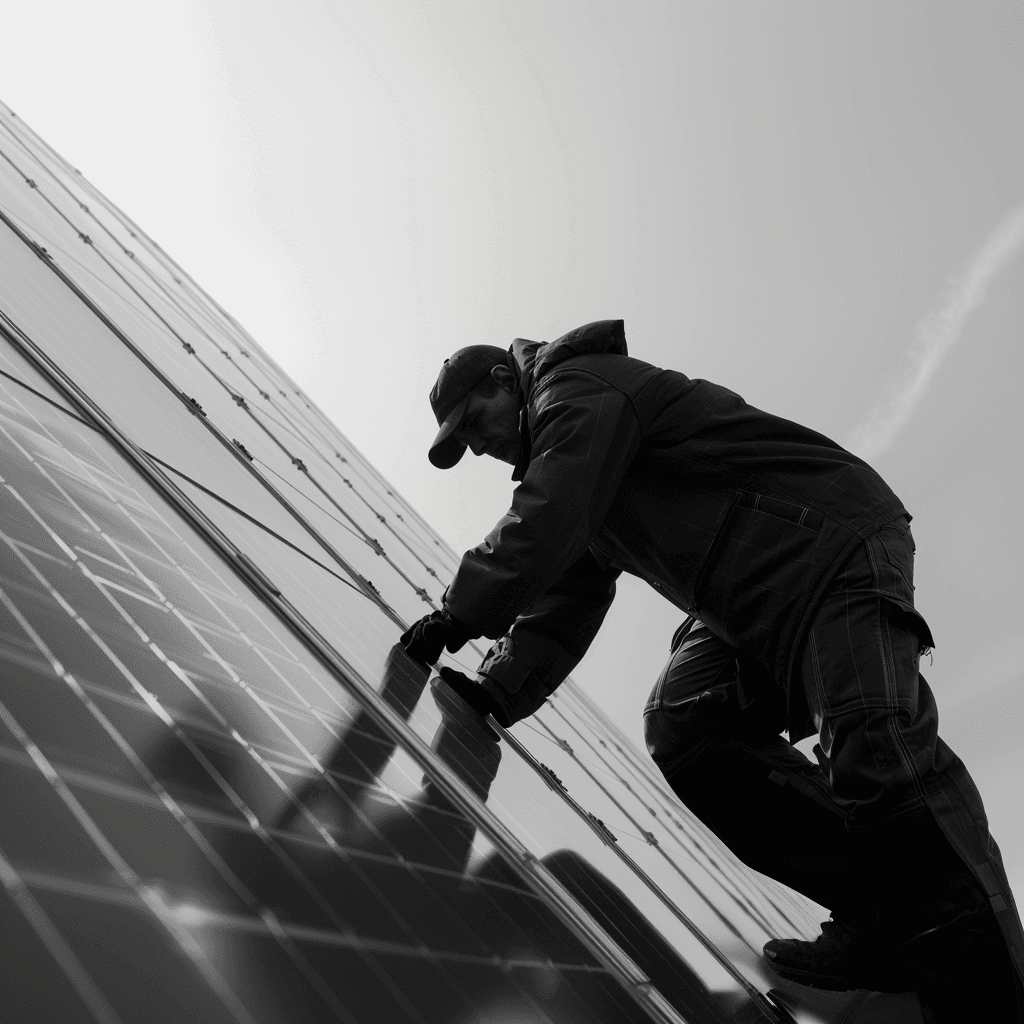 Ein Mann installiert ein Solarpanel auf einem Dach