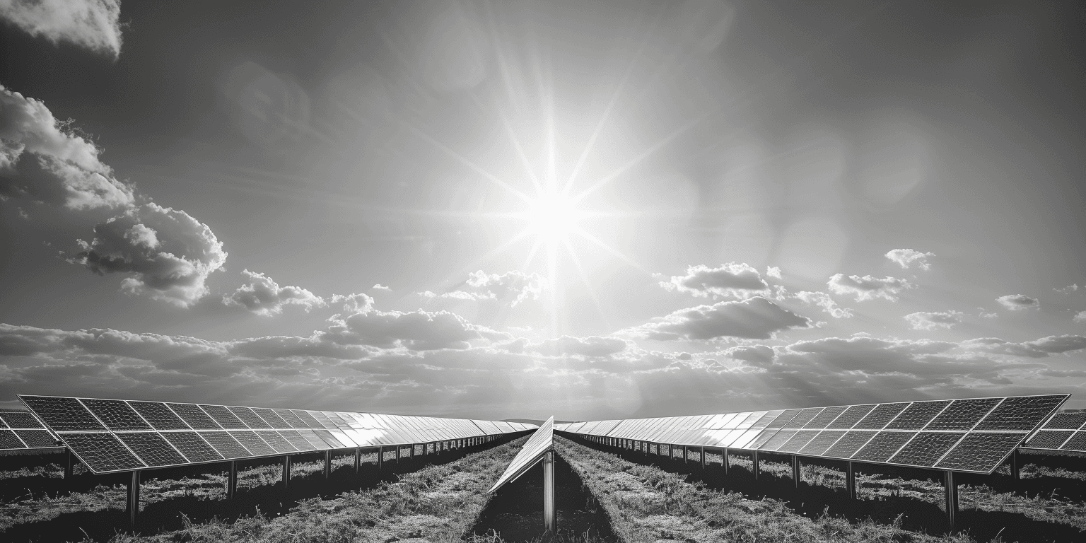Blick auf ein Feld mit vielen Photovoltaikanlagen über dem die Sonne scheint