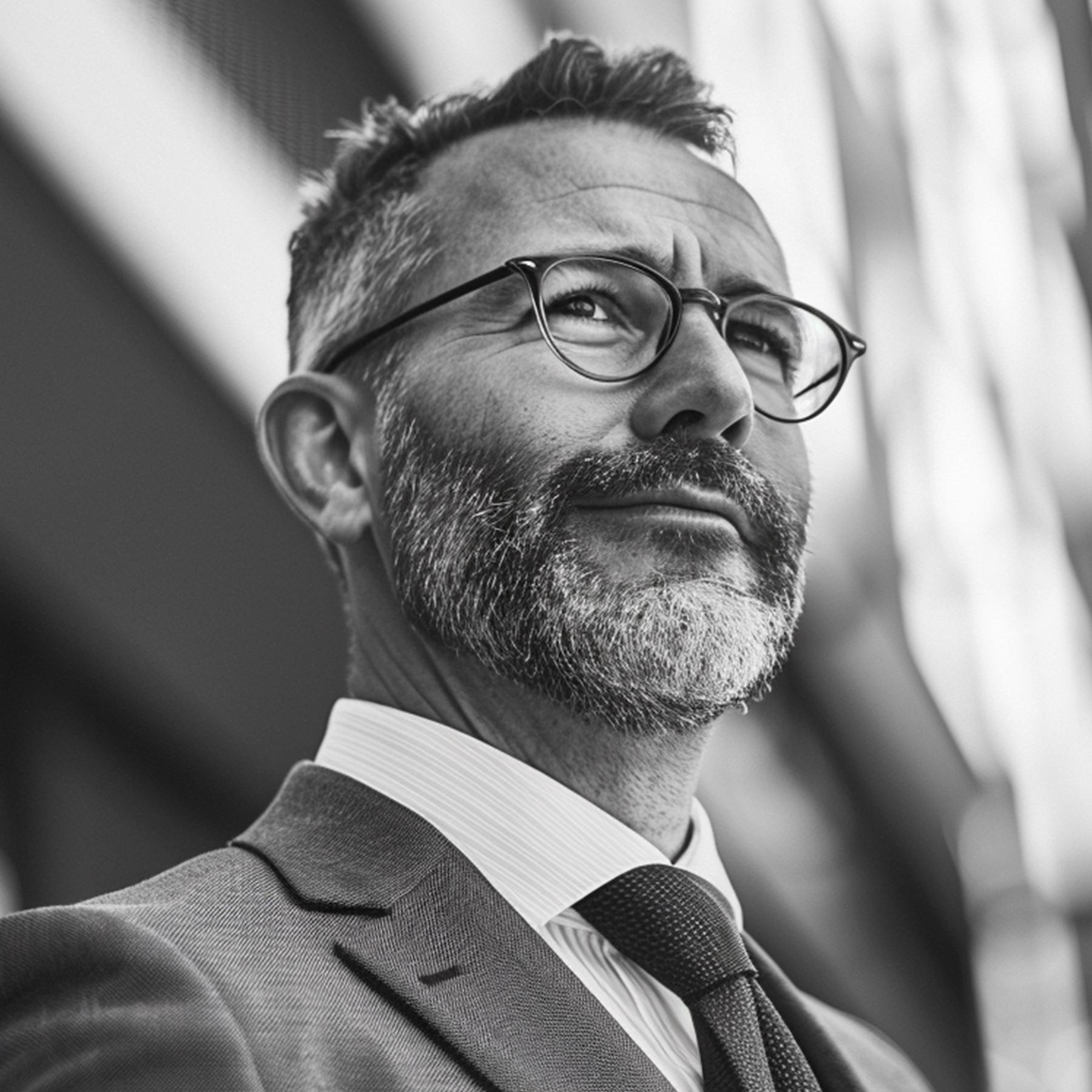 Portraitfoto eines mittelalten Mannes mit Bart und Brille im Anzug